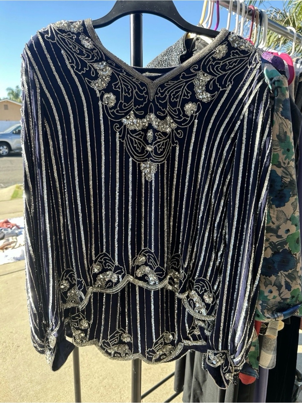 Embellished Navy Silk Blouse with Silver Beading / Matching skirt